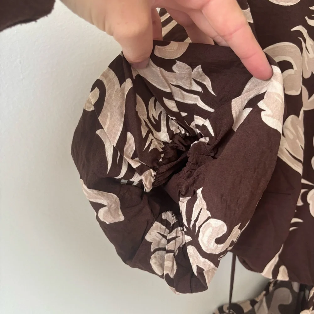 Abercrombie & Fitch Short Puff Sleeve Cutout Maxi Dress Brown Tan Floral Pattern